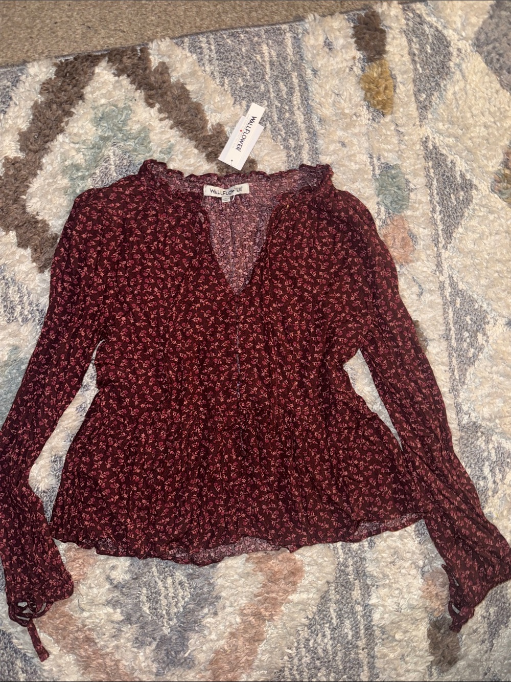 Wallflower Burgundy Floral V-Neck Peplum Blouse